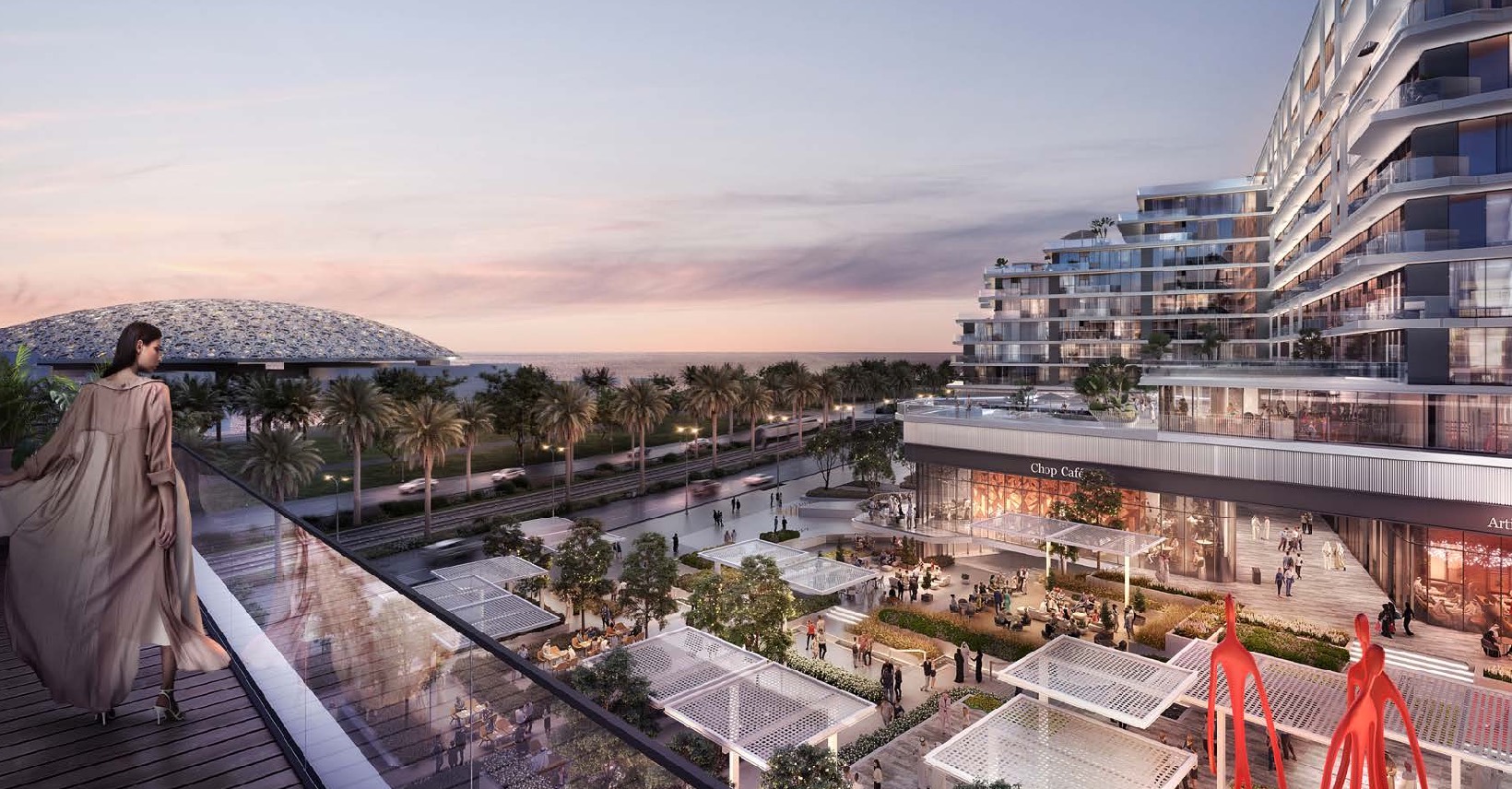 Aerial view of Grove Uptown Views complex surrounded by Saadiyat cultural district