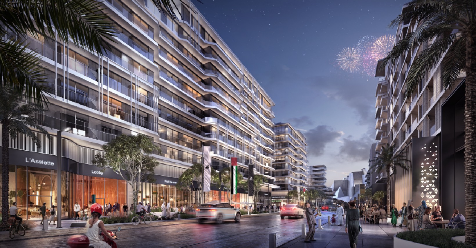 Night time view of illuminated building in Saadiyat Grove community