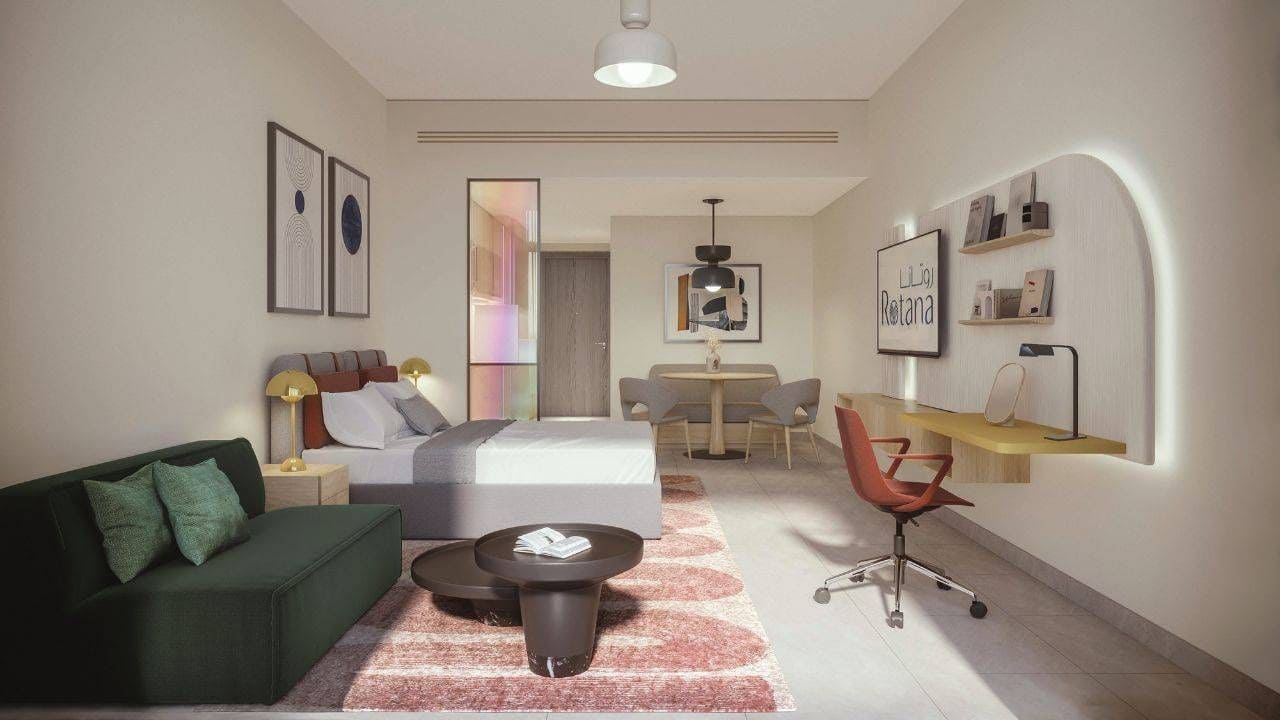Fully furnished bedroom interior at Bloom Arjaan by Rotana hotel apartments in Park View Saadiyat Island Abu Dhabi