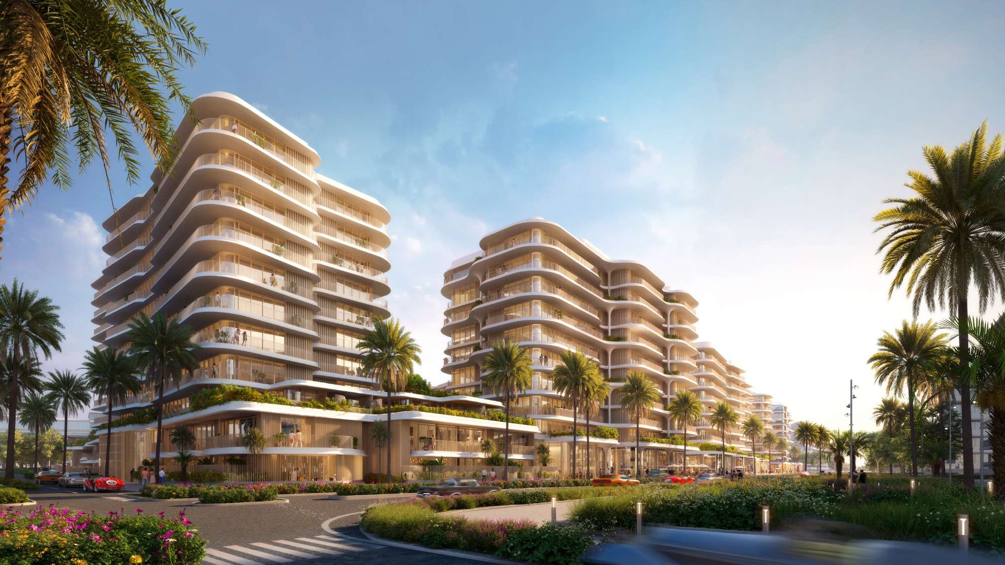 Mamsha Gardens exterior on Saadiyat Island, Abu Dhabi showcasing contemporary architecture, landscaped surroundings, and premium residences.