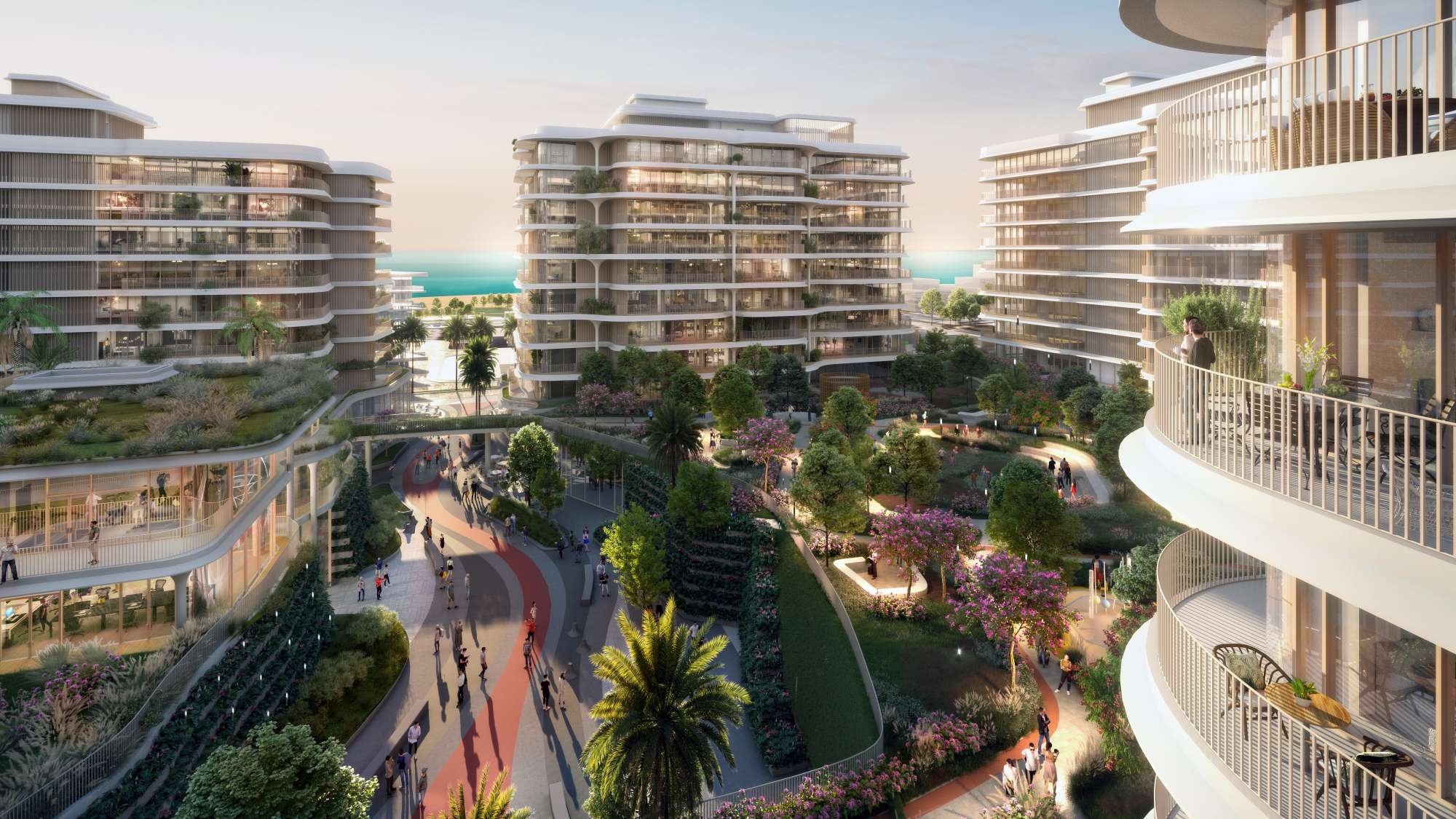 Mamsha Gardens façade on Saadiyat Island, Abu Dhabi highlighting contemporary residential architecture and lush landscaped environment.