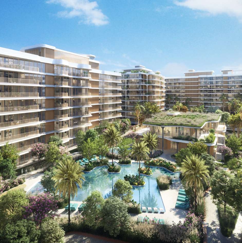 Mamsha Gardens residential development on Saadiyat Island, Abu Dhabi showcasing elegant architecture, greenery, and luxury living.
