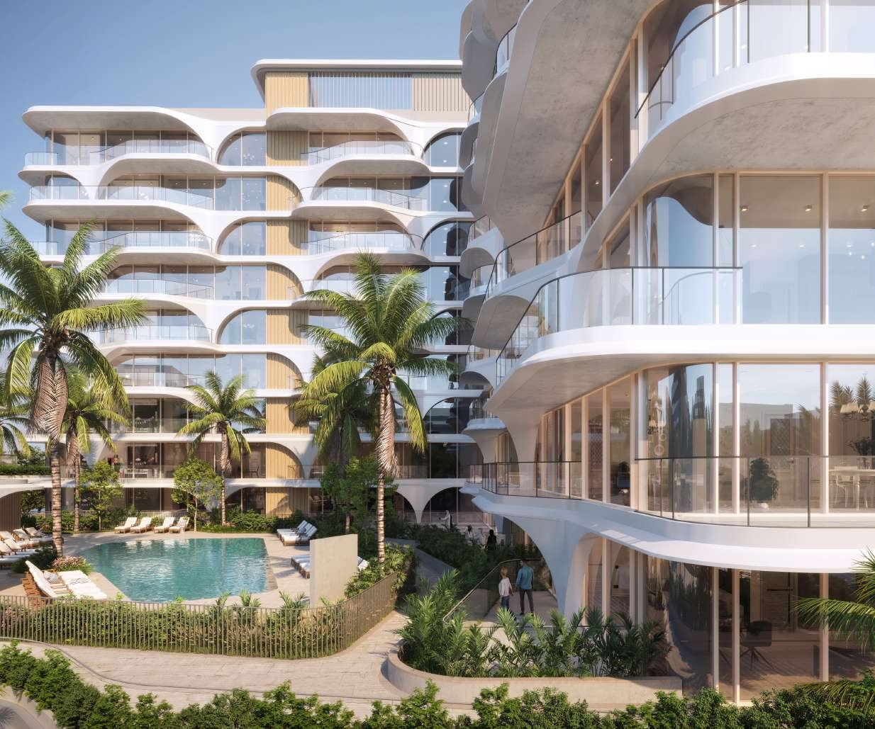 Luxury residential buildings at Mamsha Gardens on Saadiyat Island, Abu Dhabi featuring modern façades and elegant architectural design.