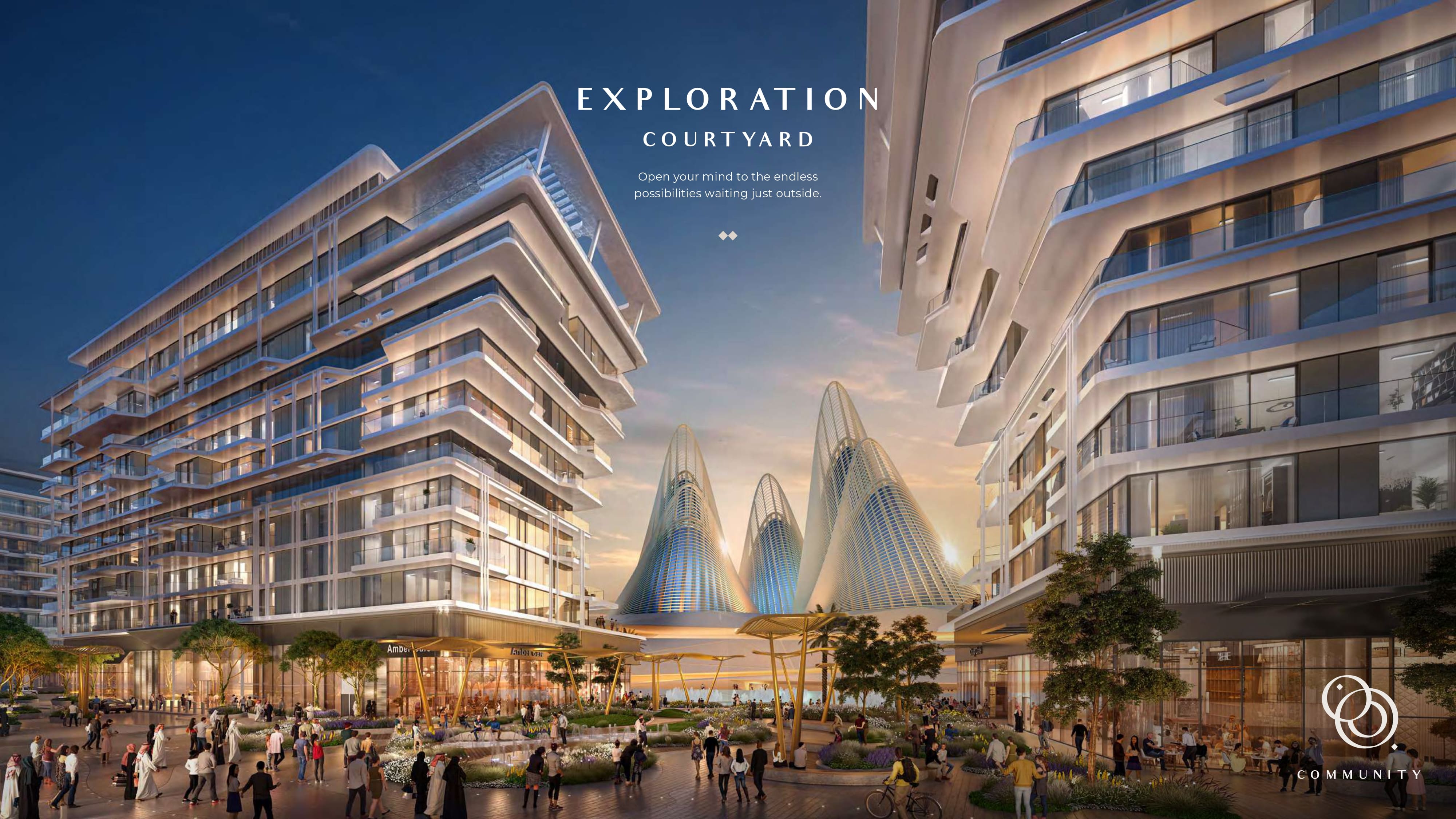 Exterior night view of The Source Saadiyat Grove with illuminated modern architecture