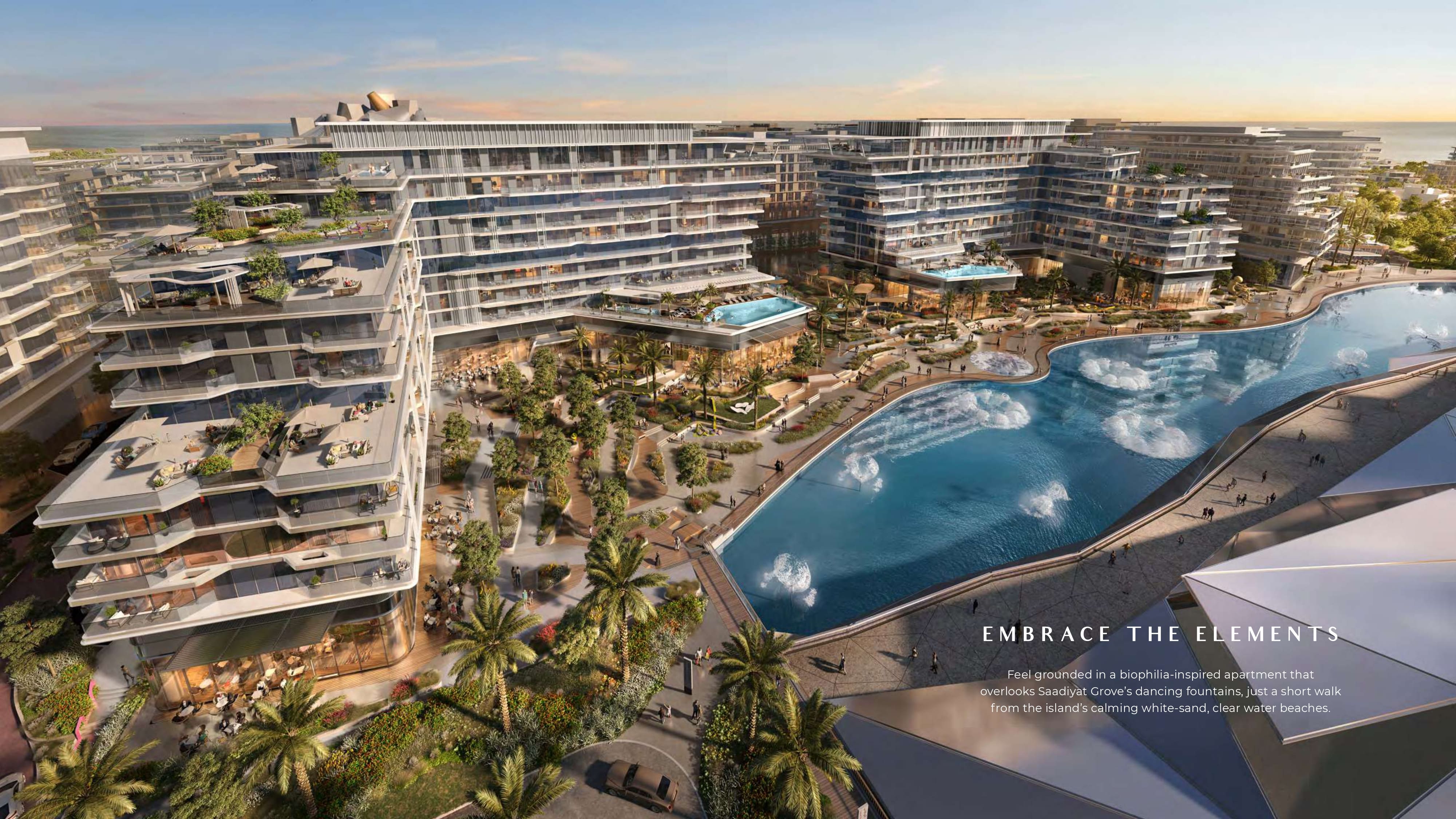 Rooftop amenities at The Source Saadiyat Grove including Zen garden and panoramic views