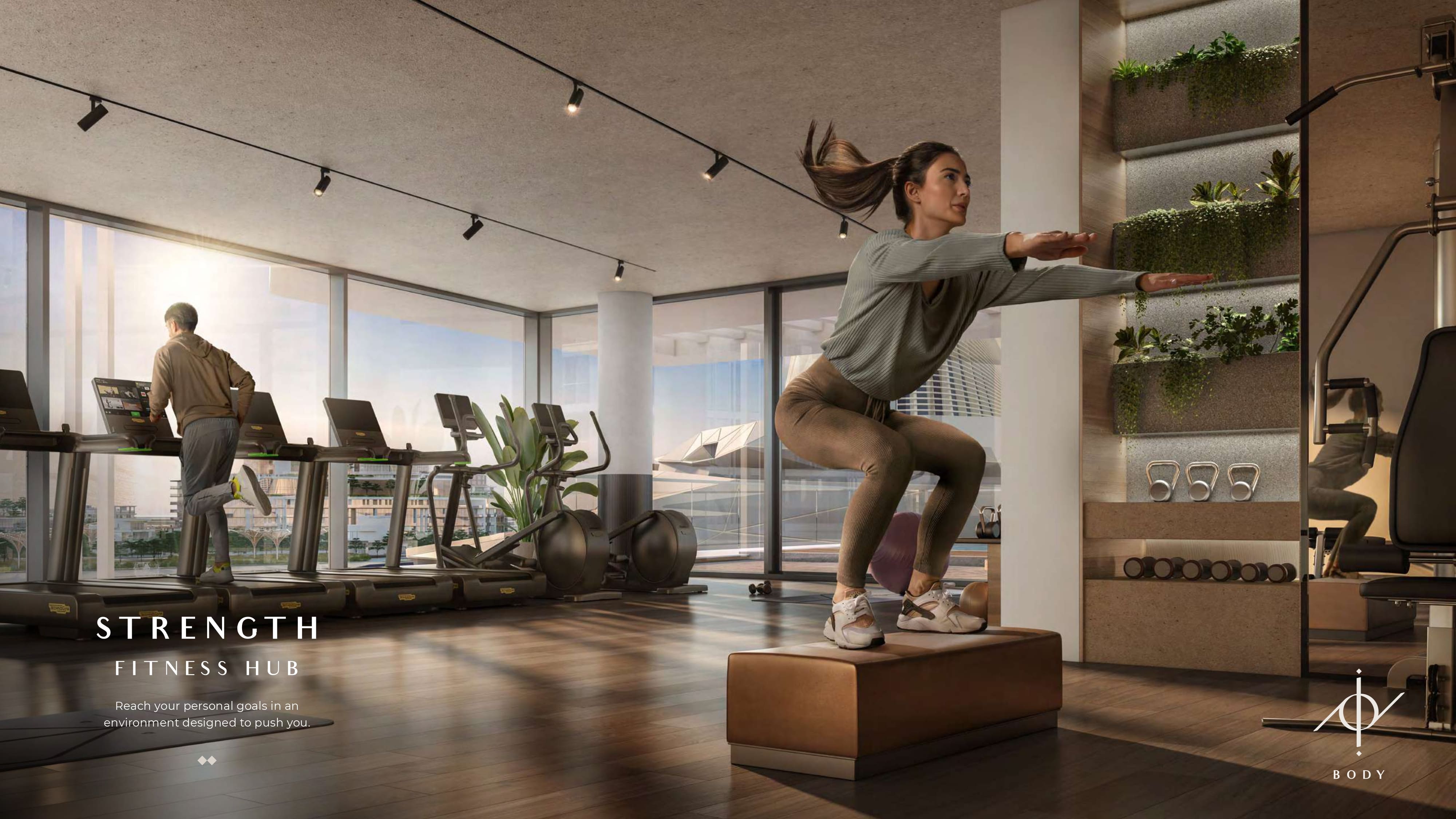 Open-plan dining and living area at The Source Saadiyat Grove apartments with refined interiors