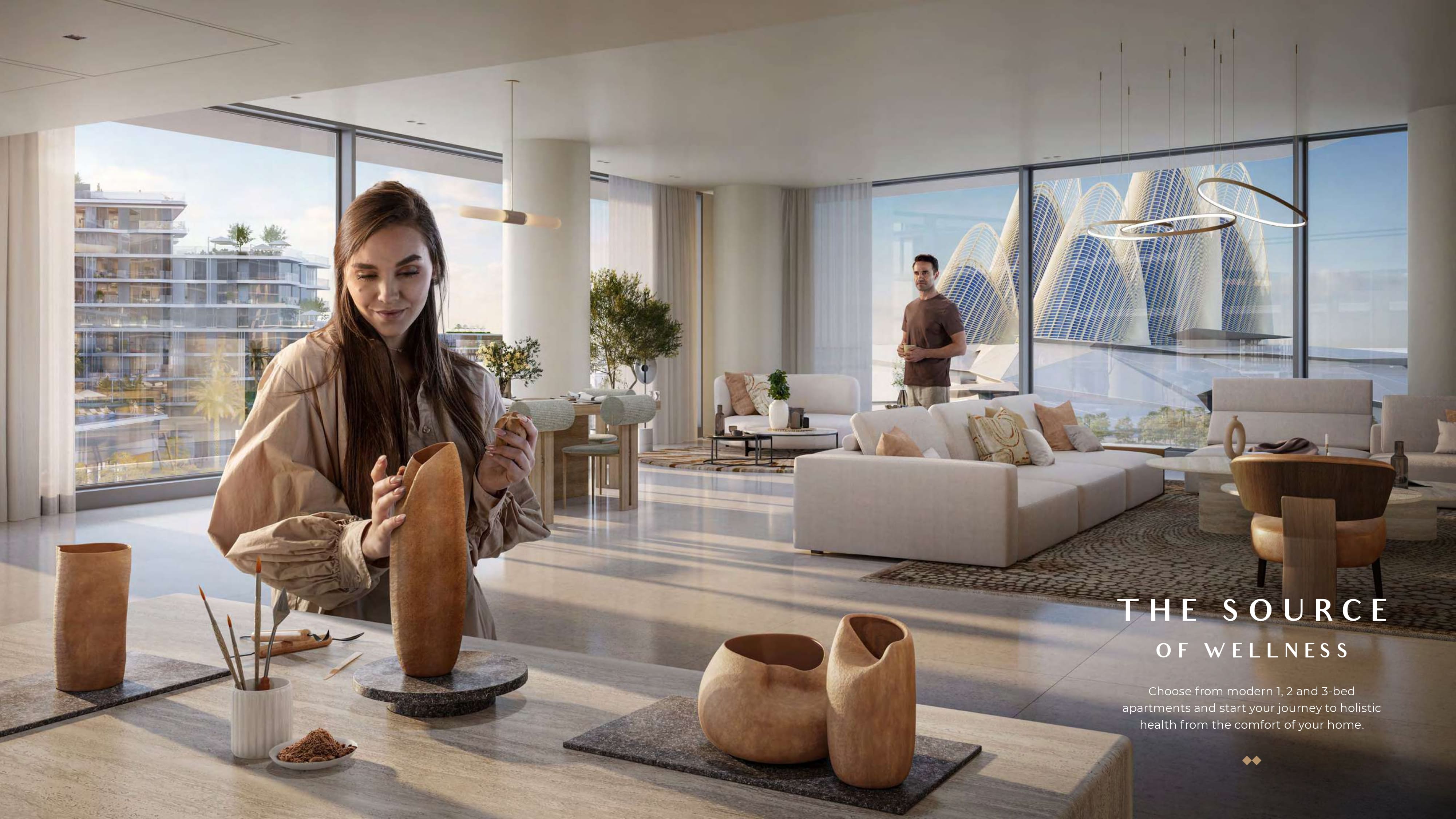 Stylish living room interior at The Source Saadiyat Grove with modern furnishings and natural light.