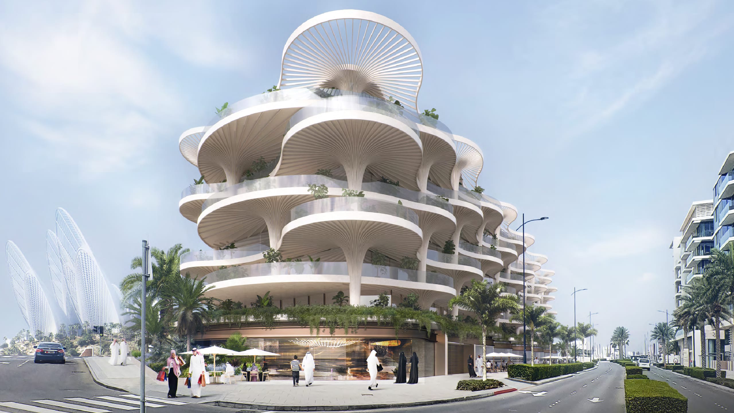 Mamsha Palm Saadiyat Island exterior architecture inspired by palm trees and natural coastal forms
