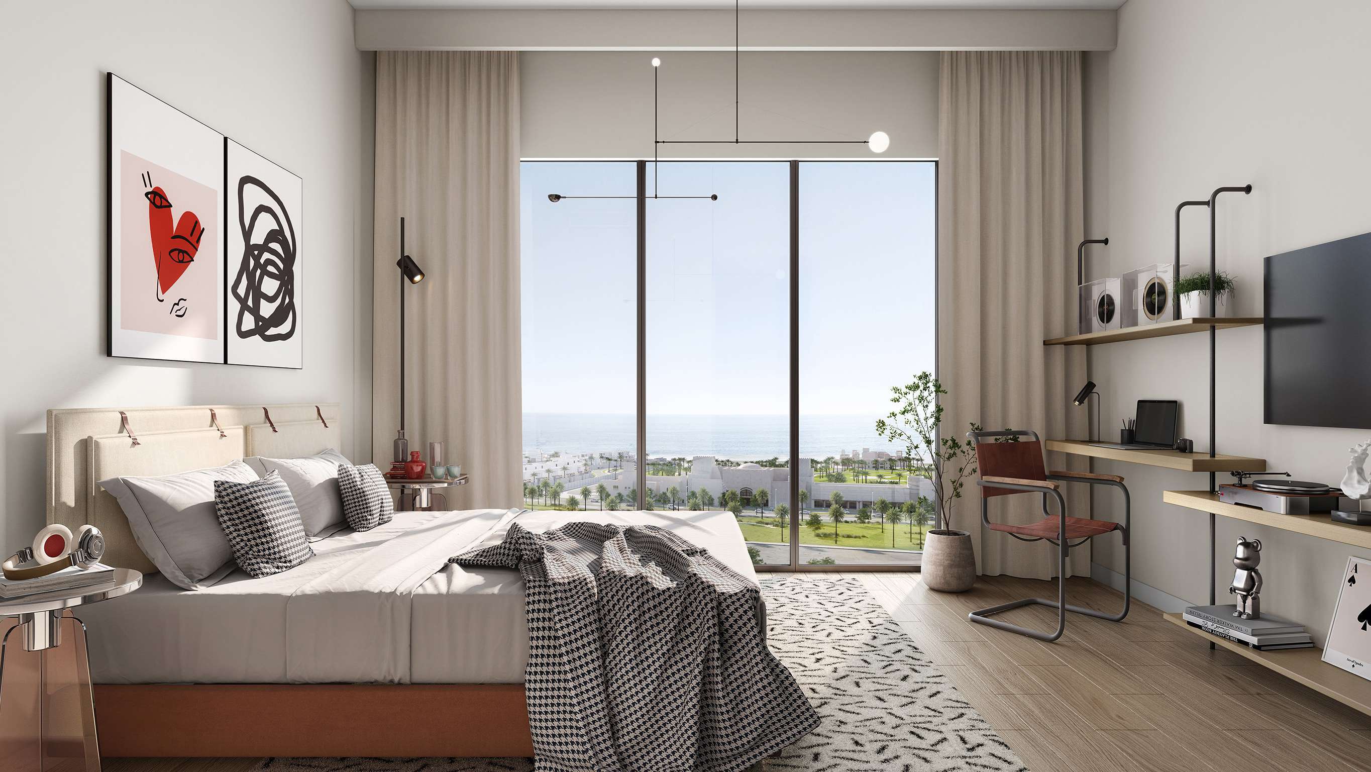 Elegant bedroom interior at Manarat Living III on Saadiyat Island, Abu Dhabi with spacious layouts and natural lighting.