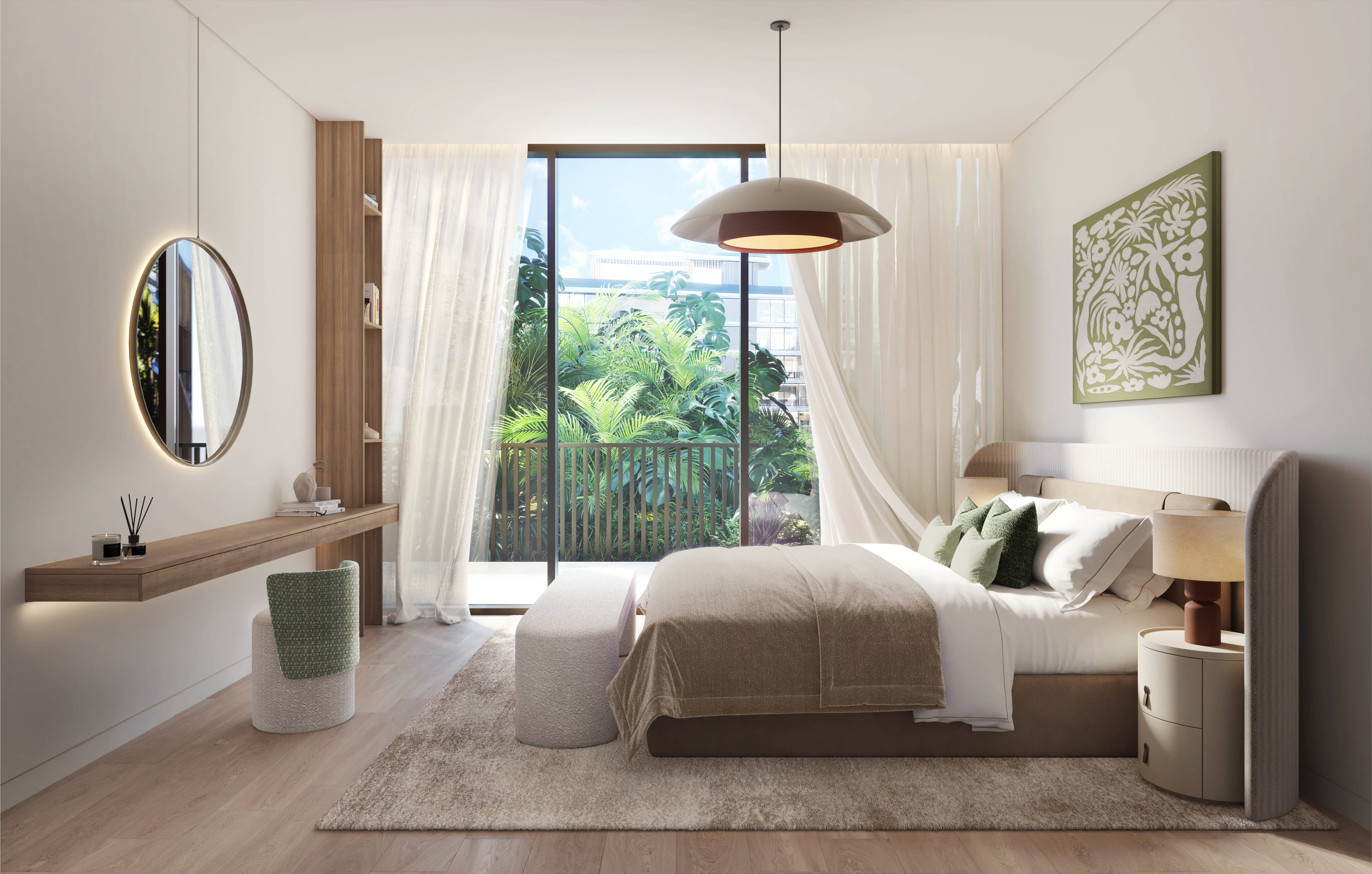 Elegant bedroom at Mamsha Gardens on Saadiyat Island, Abu Dhabi featuring premium finishes, contemporary interiors, and tranquil living spaces.