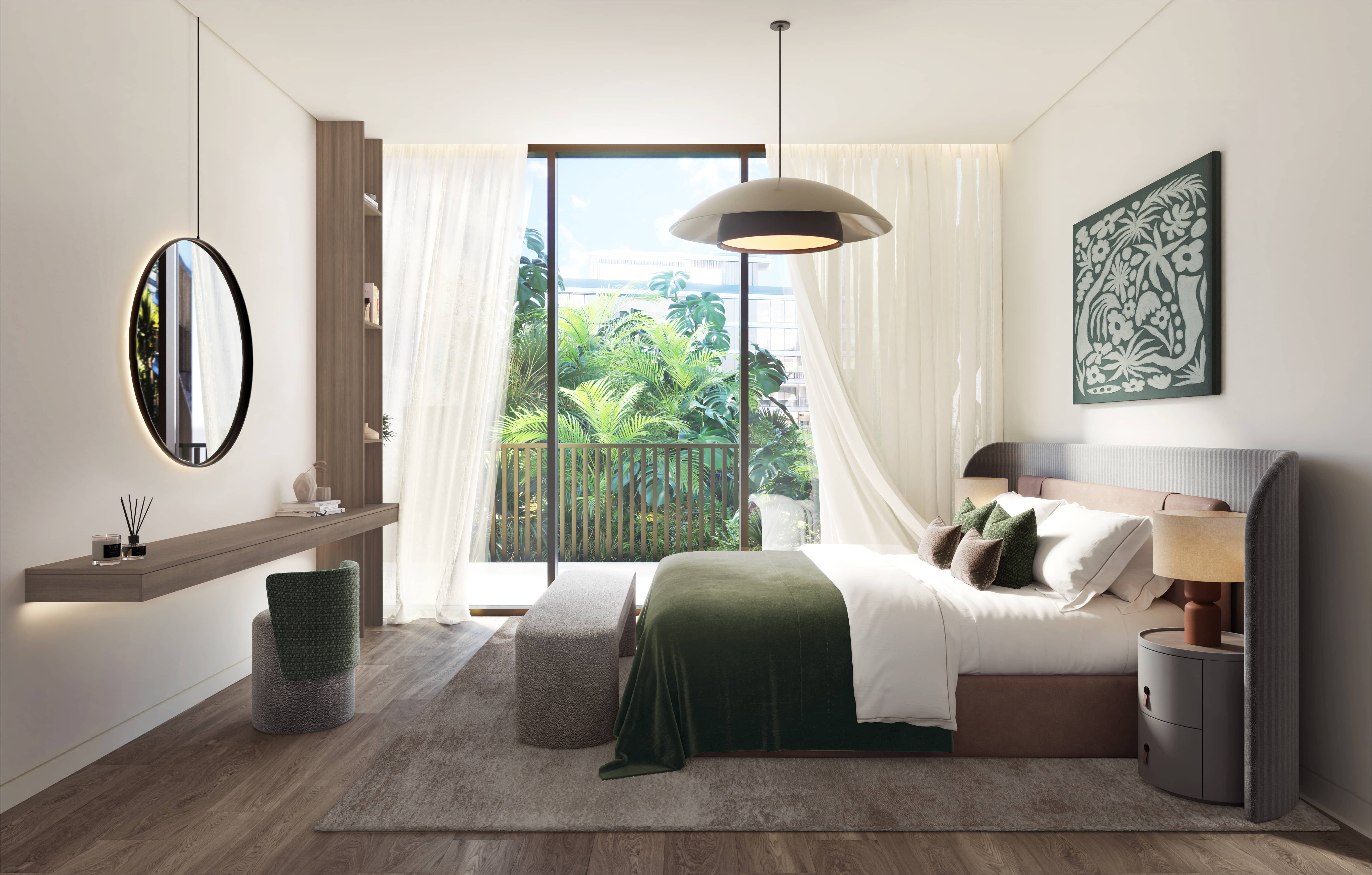 Modern bedroom interior at Mamsha Gardens on Saadiyat Island, Abu Dhabi showcasing stylish design, spacious layout, and luxury residential living.