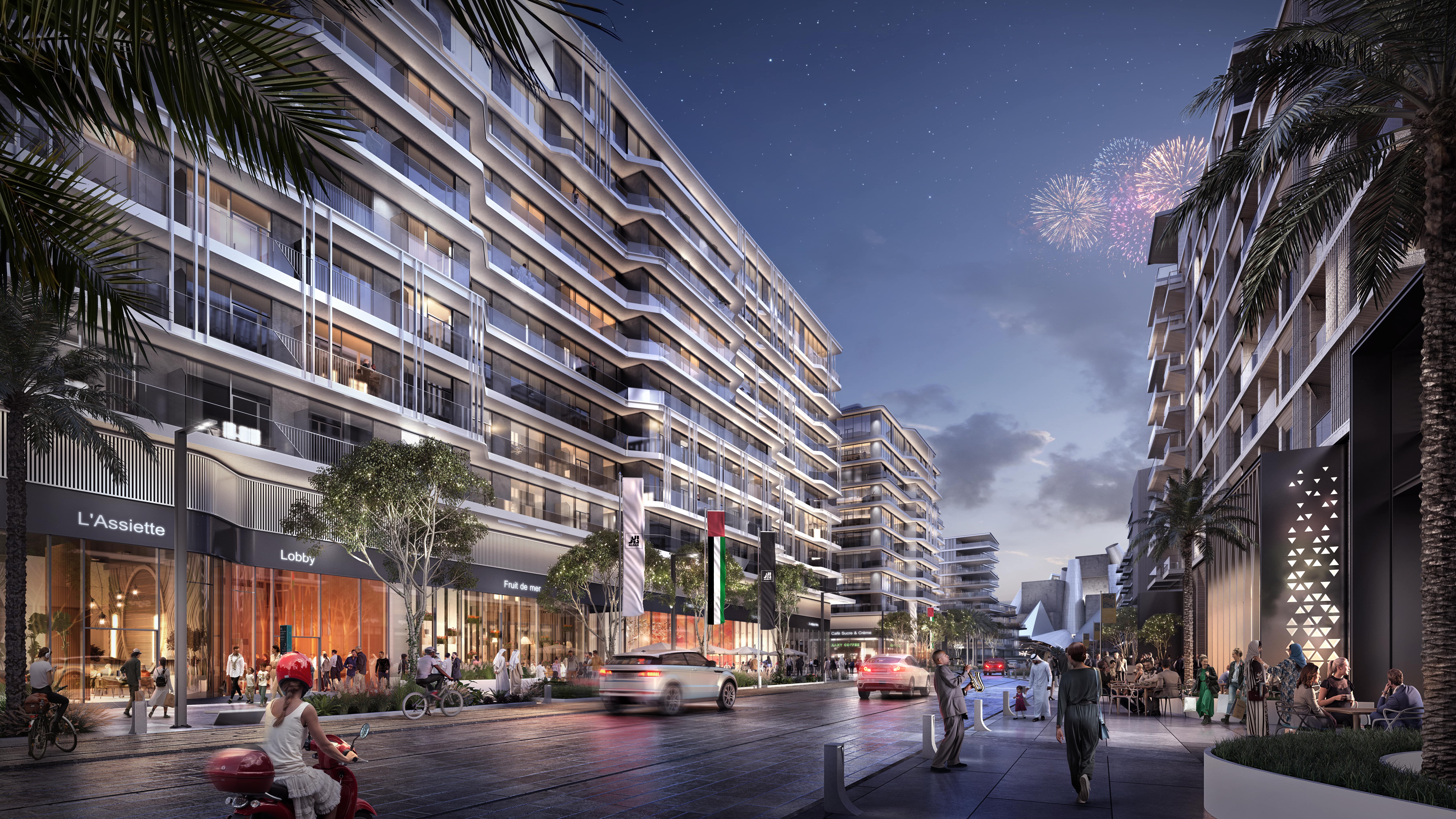 Stunning sunset view highlighting the premium glass balconies and climate-resilient exterior panels at Grove Gallery Views Abu Dhabi