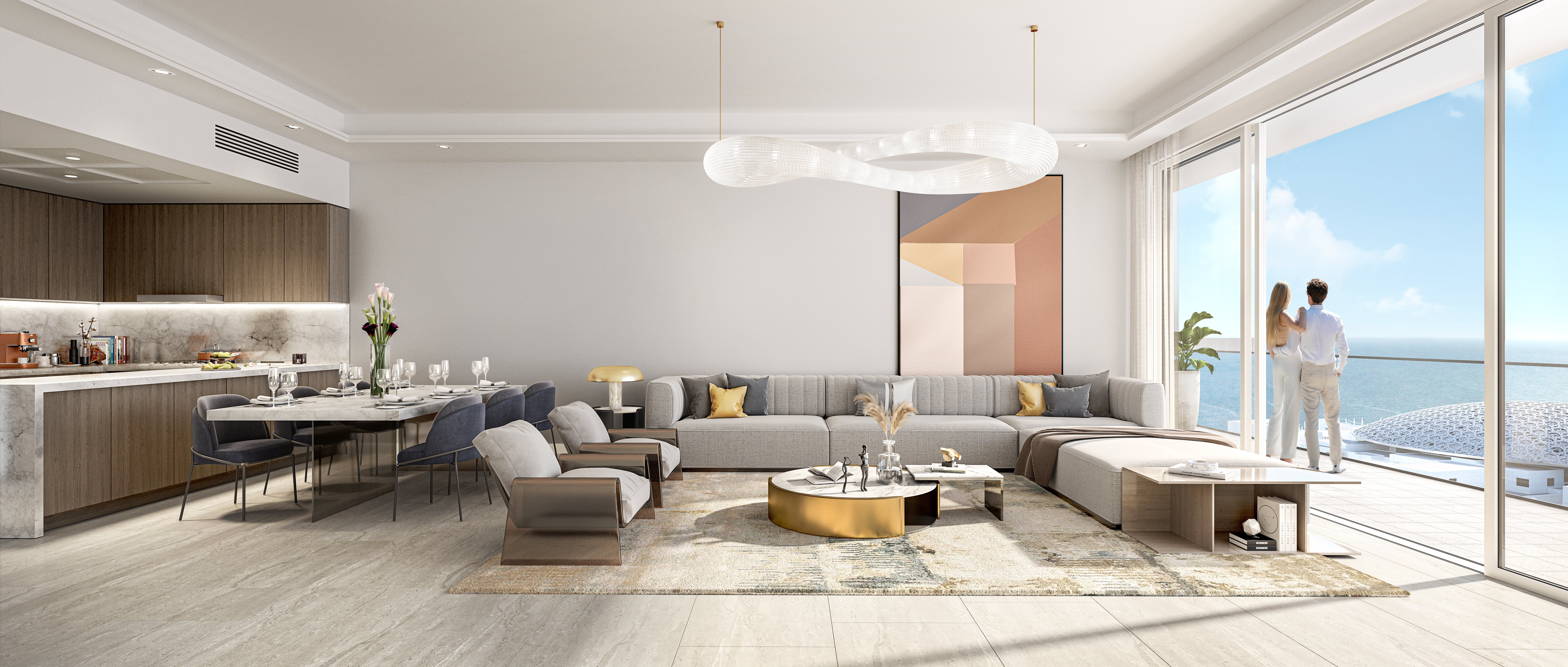 Sunlit open plan living room interior design with custom premium finishes inside Grove Gallery Views luxury apartments Abu Dhabi.