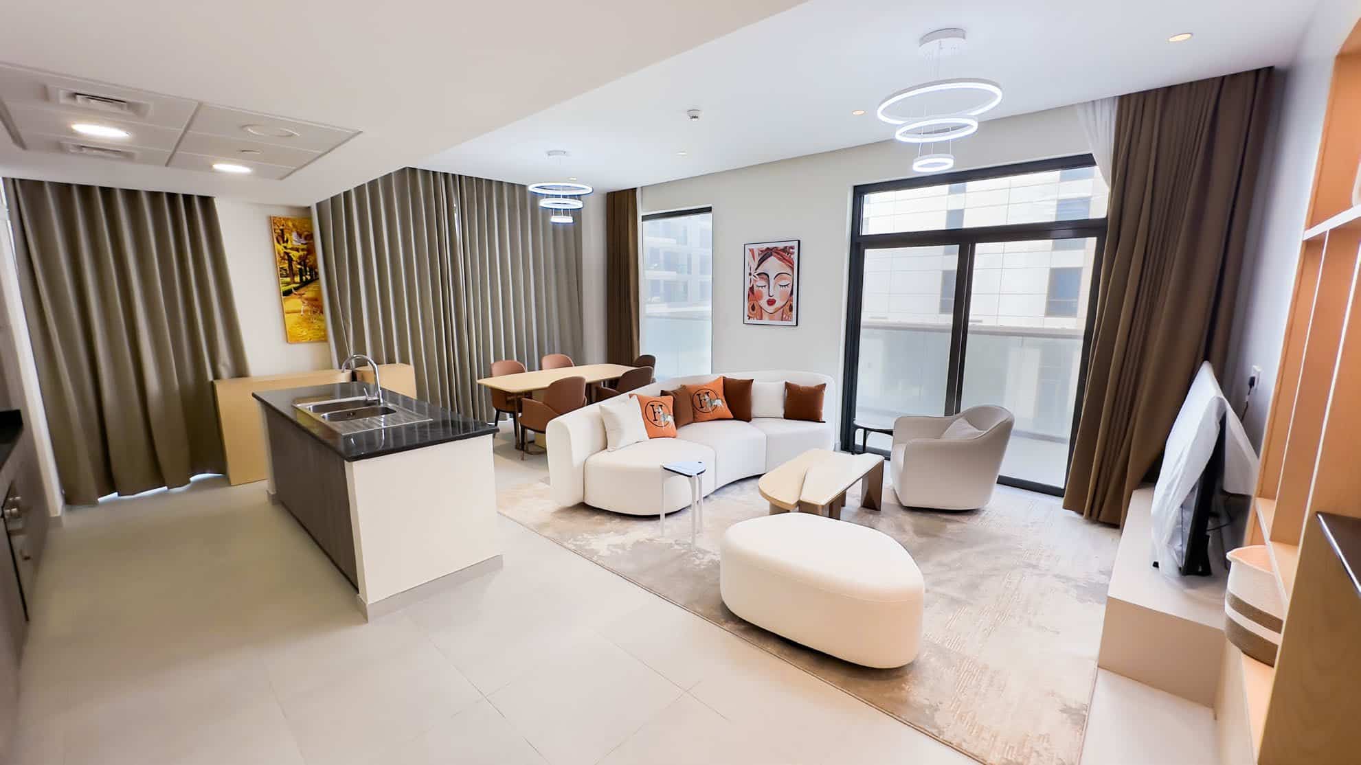 Bright dining area inside C‑3 Gardens Saadiyat Island Abu Dhabi with modern décor and spacious layout