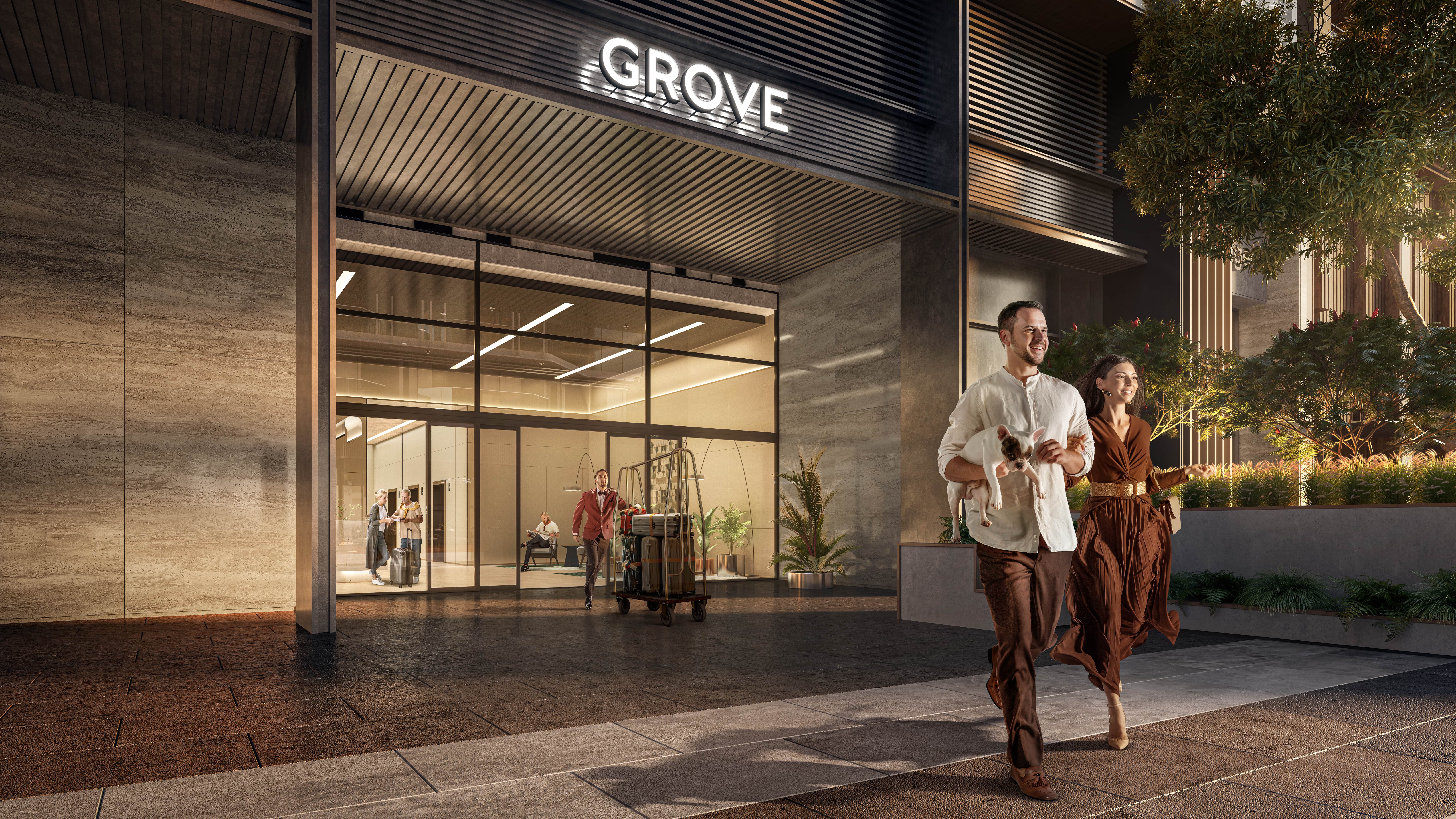 Premium low-rise apartment building facade at Grove Museum Views Abu Dhabi highlighting sleek modern real estate developments.