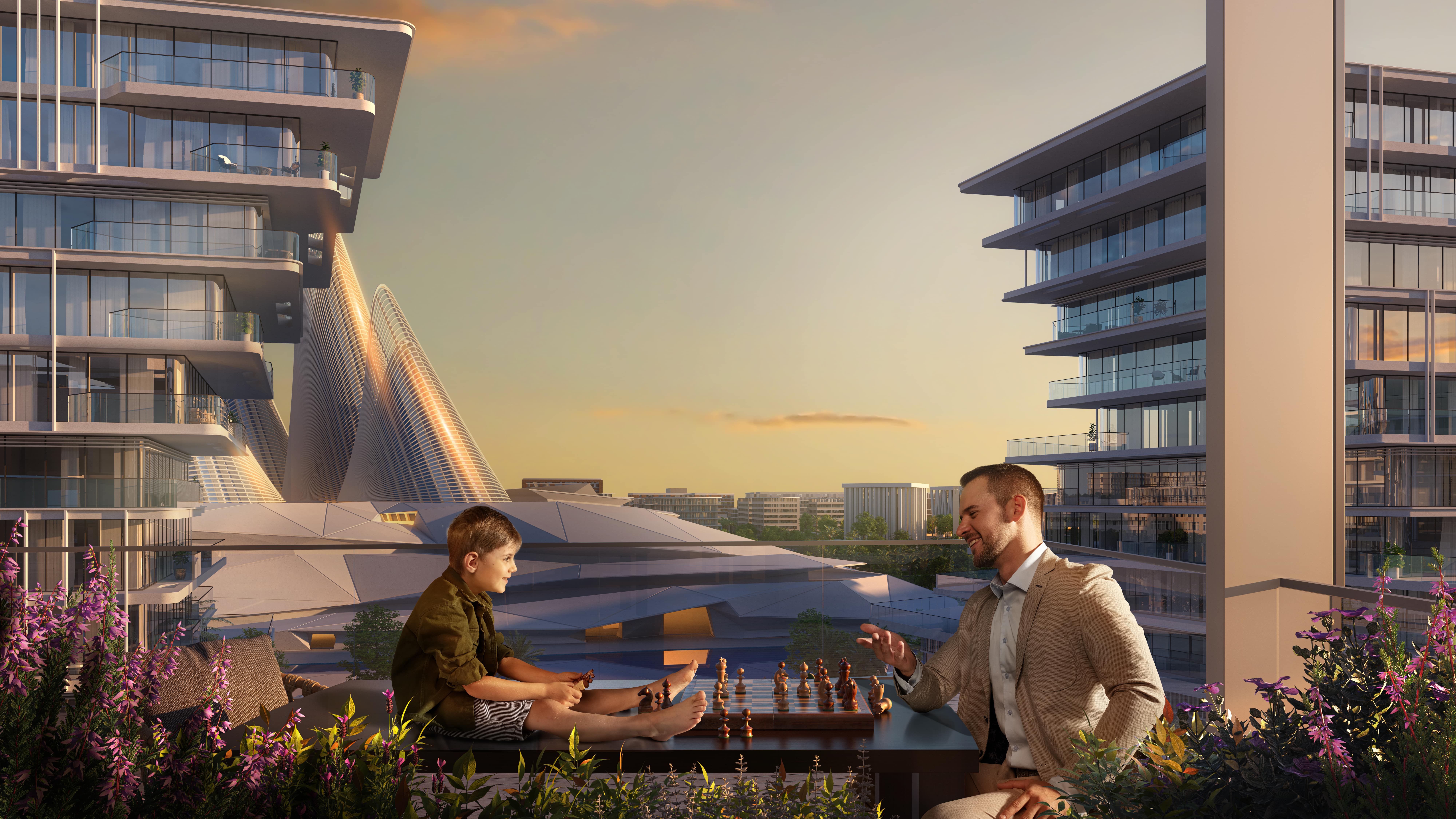 Sunlit daytime exterior shot of Grove Museum Views by Aldar Properties within Saadiyat Cultural District Abu Dhabi.