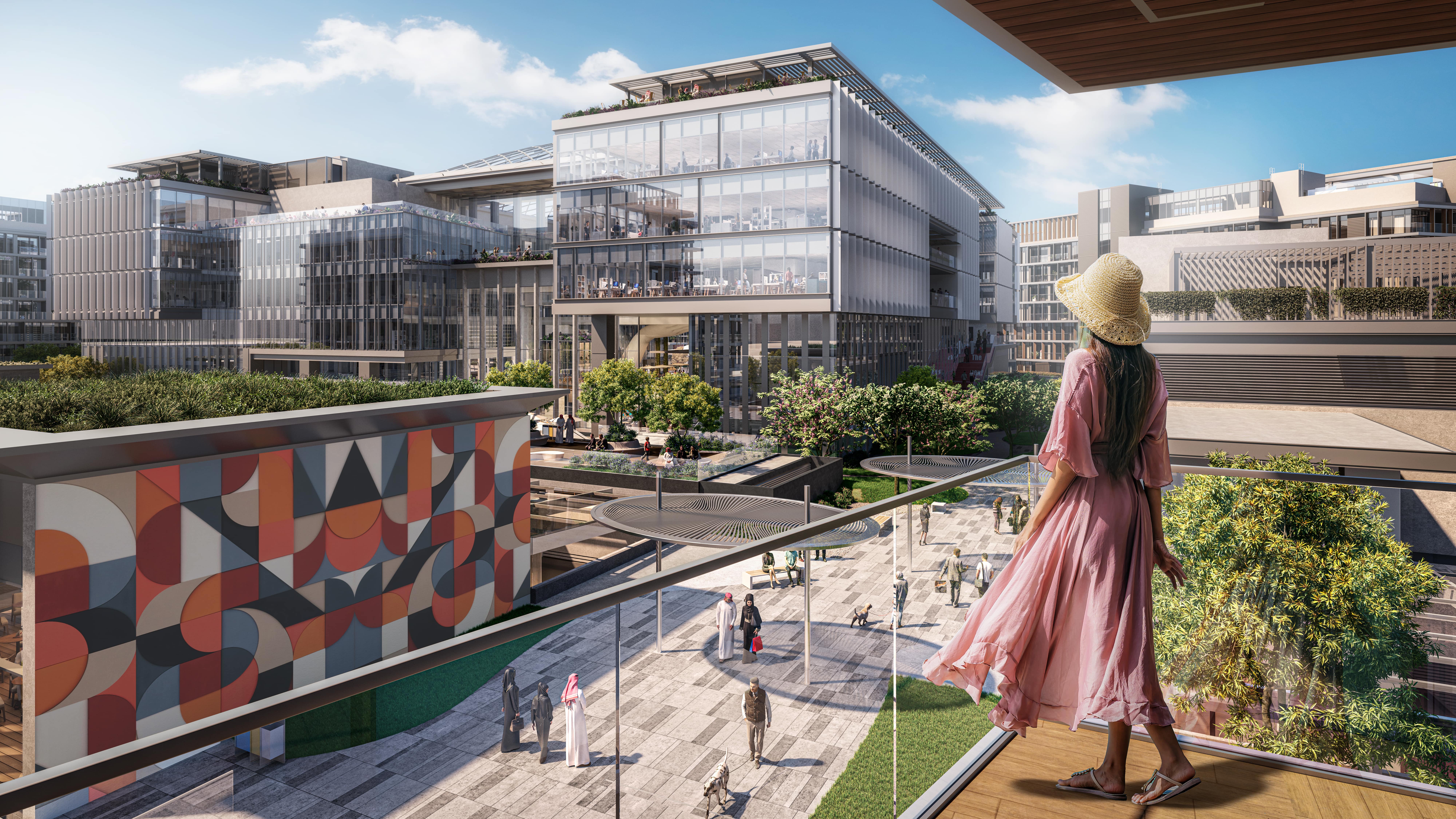 Sophisticated retail podium exterior at Grove Museum Views Abu Dhabi integrated with high-end Saadiyat Grove streetscapes.