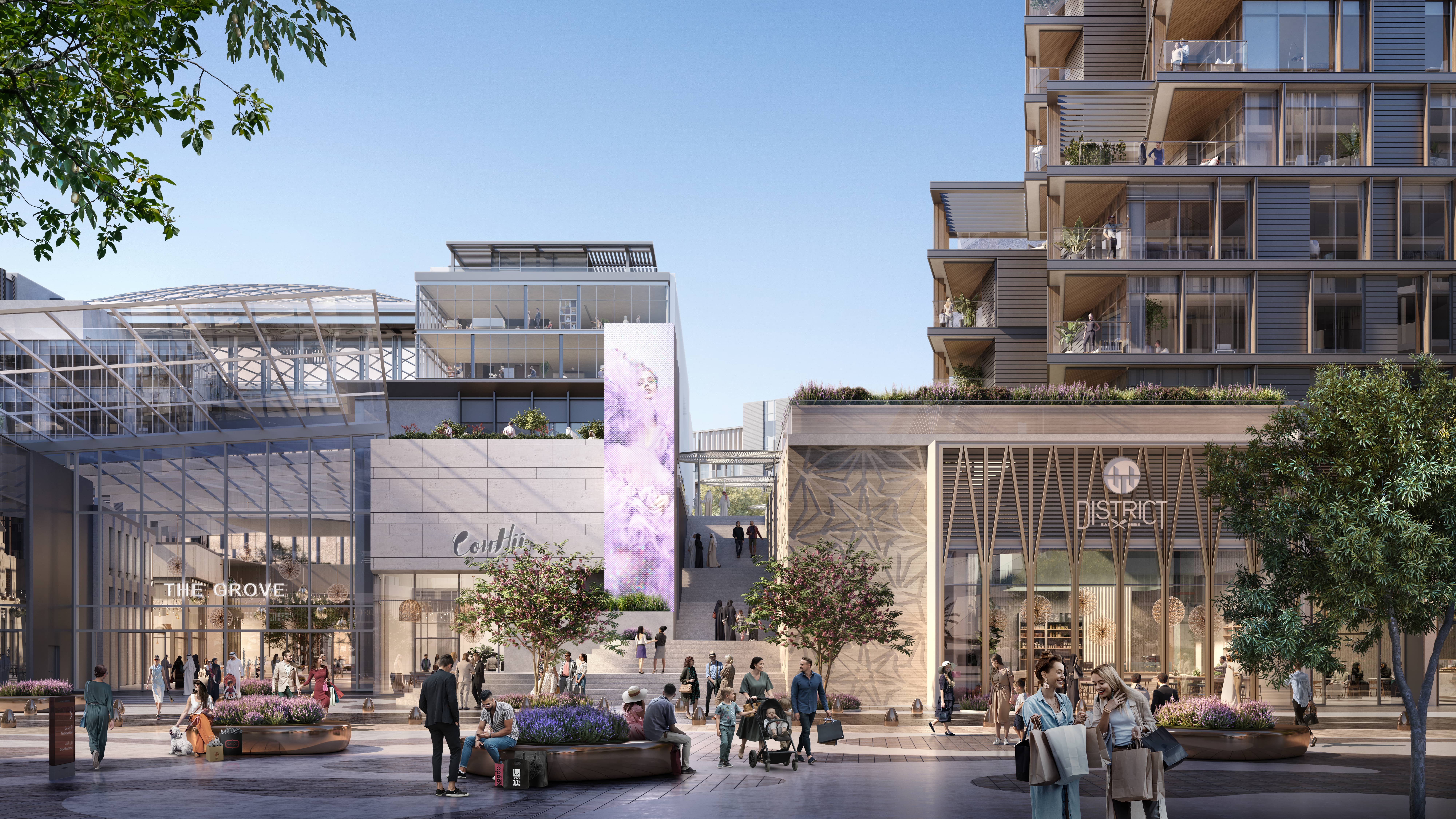 Architectural perspective of Grove Museum Views luxury apartments highlighting premium biophilic exterior cladding and glass balconies.