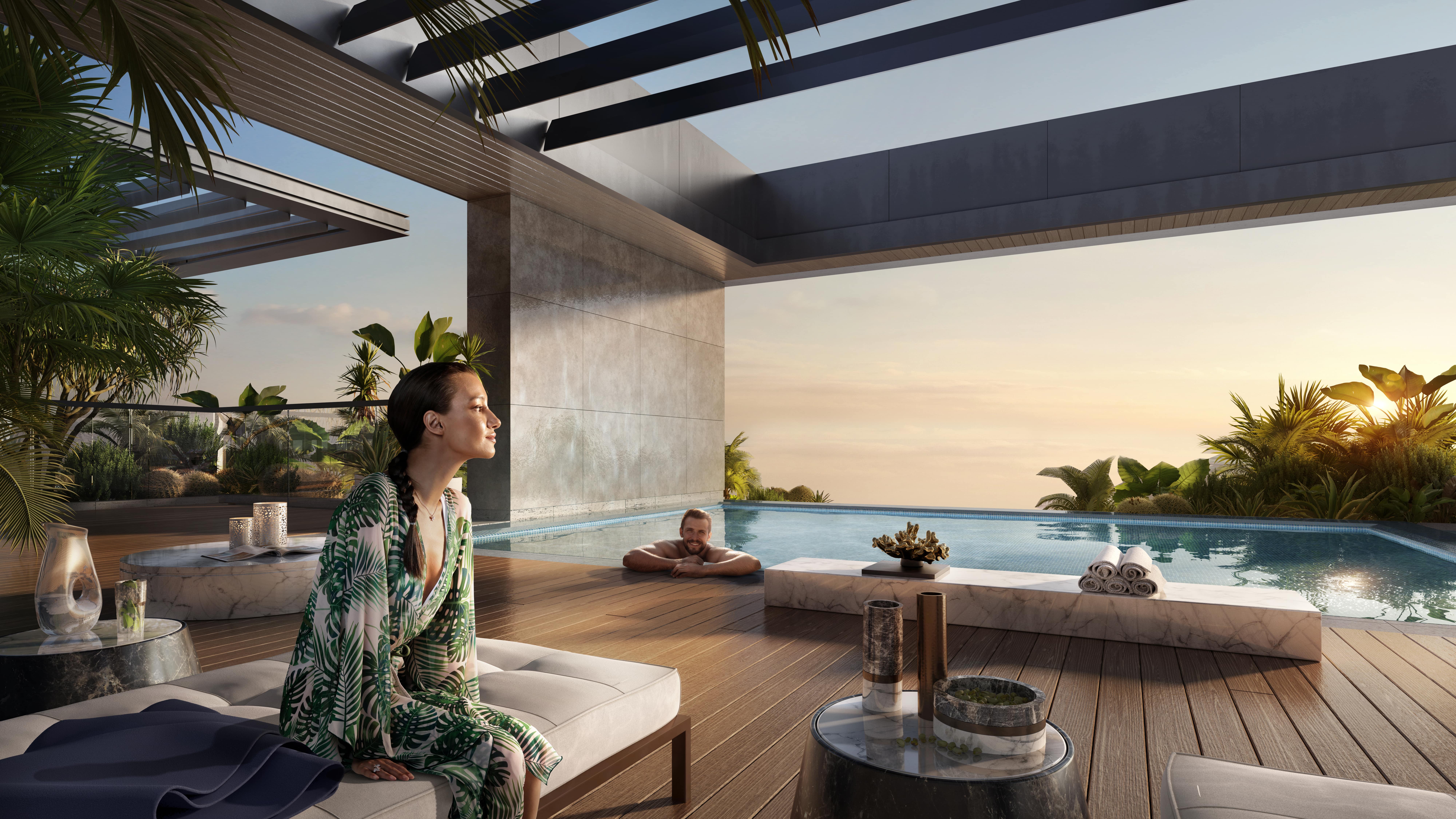 Chic master bedroom interior with natural wood accents and large floor-to-ceiling windows at Grove Museum Views Abu Dhabi.