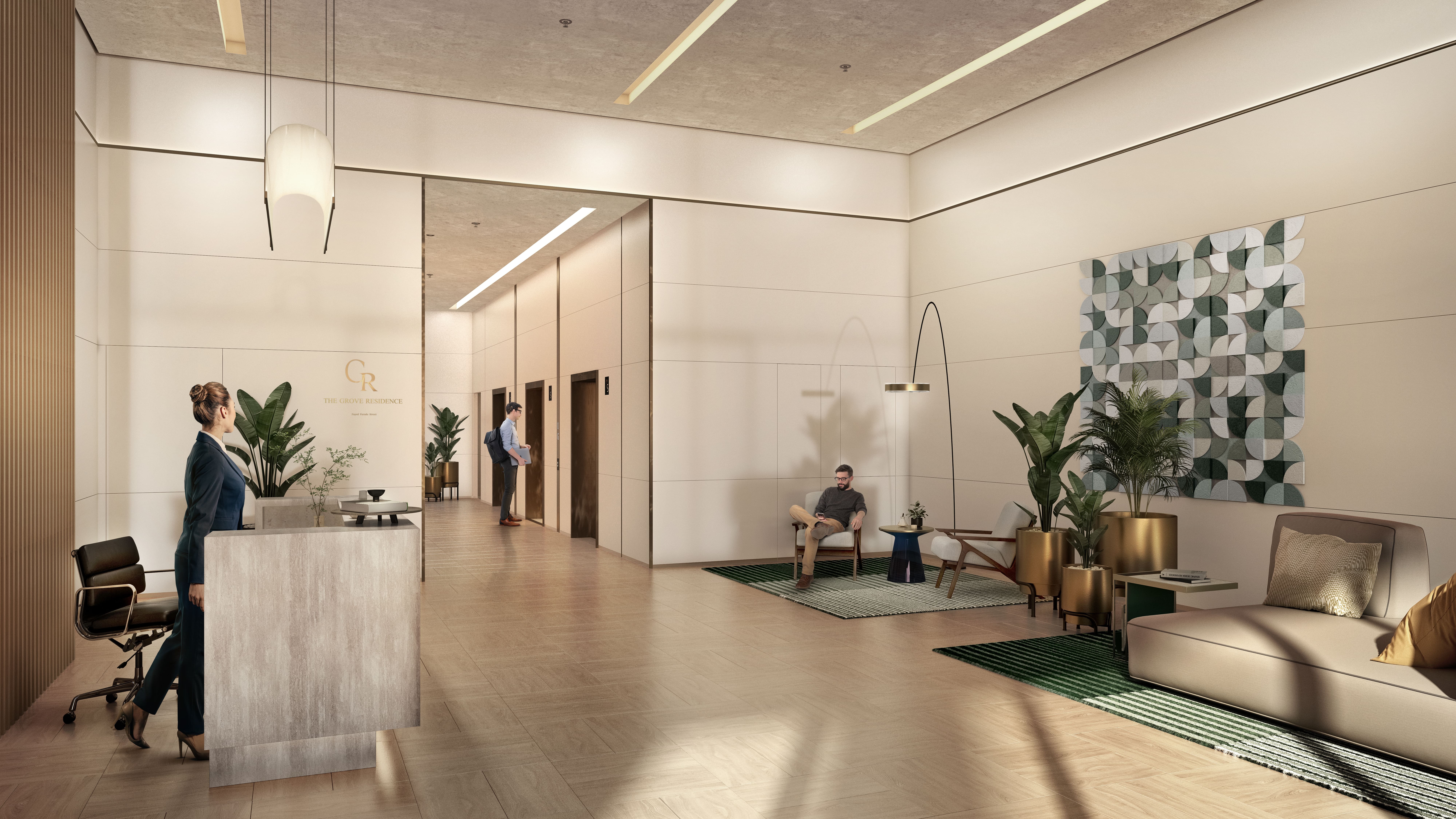 Plush minimalist resident lounge showcasing curated local artwork and contemporary design within Grove Museum Views Abu Dhabi.