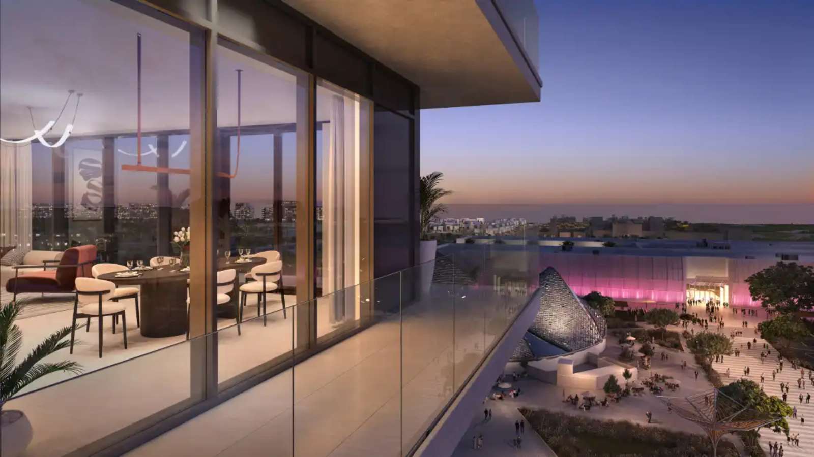Elegant exterior architecture of Manarat Living on Saadiyat Island surrounded by landscaped public spaces and modern amenities.