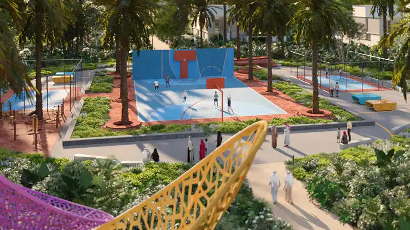 Landscaped garden exterior view surrounding an Ethir villa within Saadiyat Lagoons, Saadiyat Island, Abu Dhabi off-plan residential villa community development.