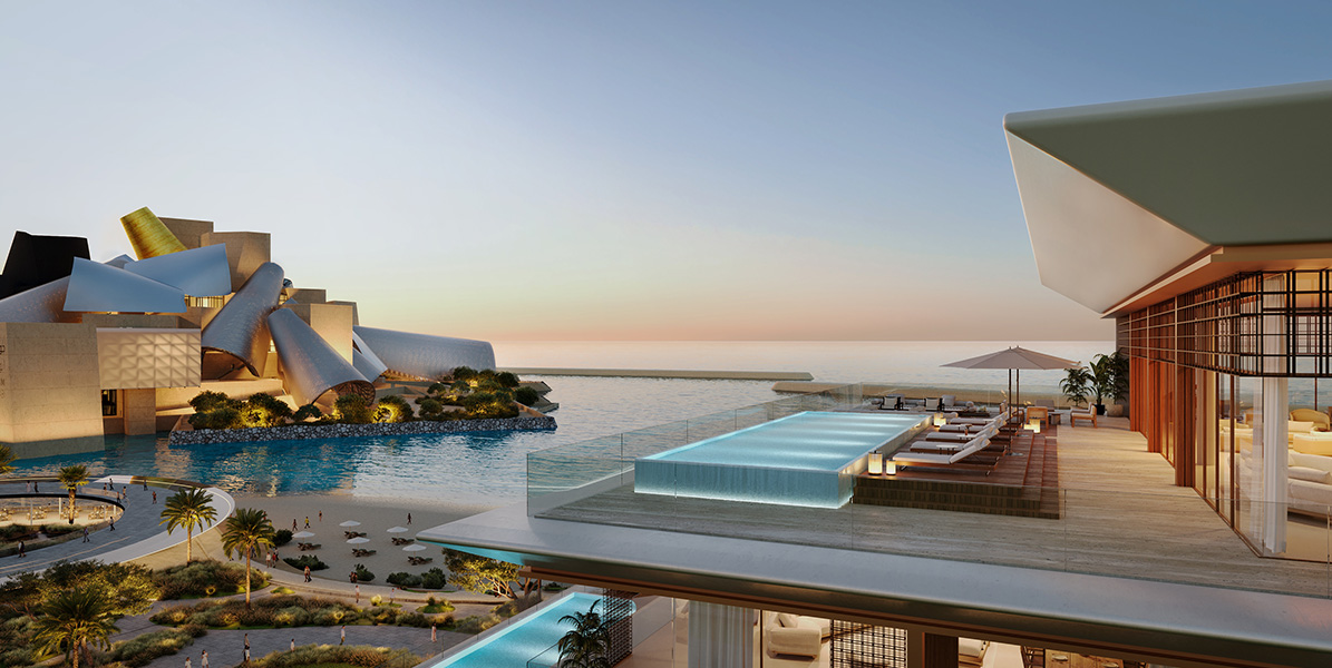 Aerial exterior view of Nobu Residences on Saadiyat Island, Abu Dhabi, highlighting its prime oceanfront position along the Arabian Gulf.
