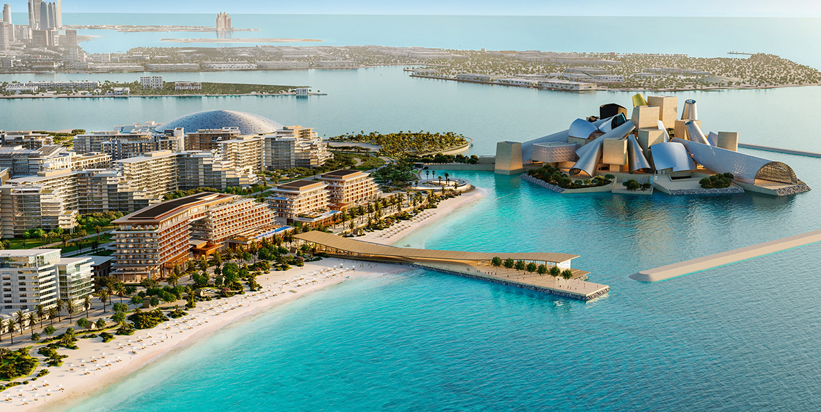 Coastal architectural facade of Nobu Residences on Saadiyat Island, Abu Dhabi, featuring floor-to-ceiling glass design and beachfront balconies.