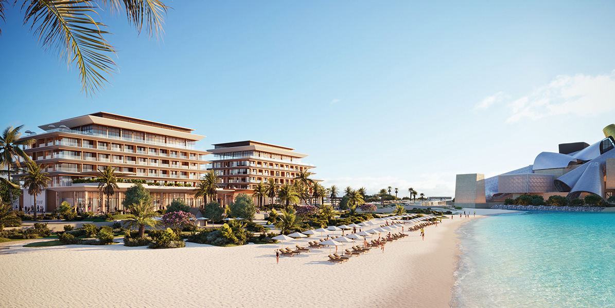 Ground-level exterior entrance view of Nobu Residences by Aldar Properties in Abu Dhabi, showing luxury driveways and minimalist landscaping.