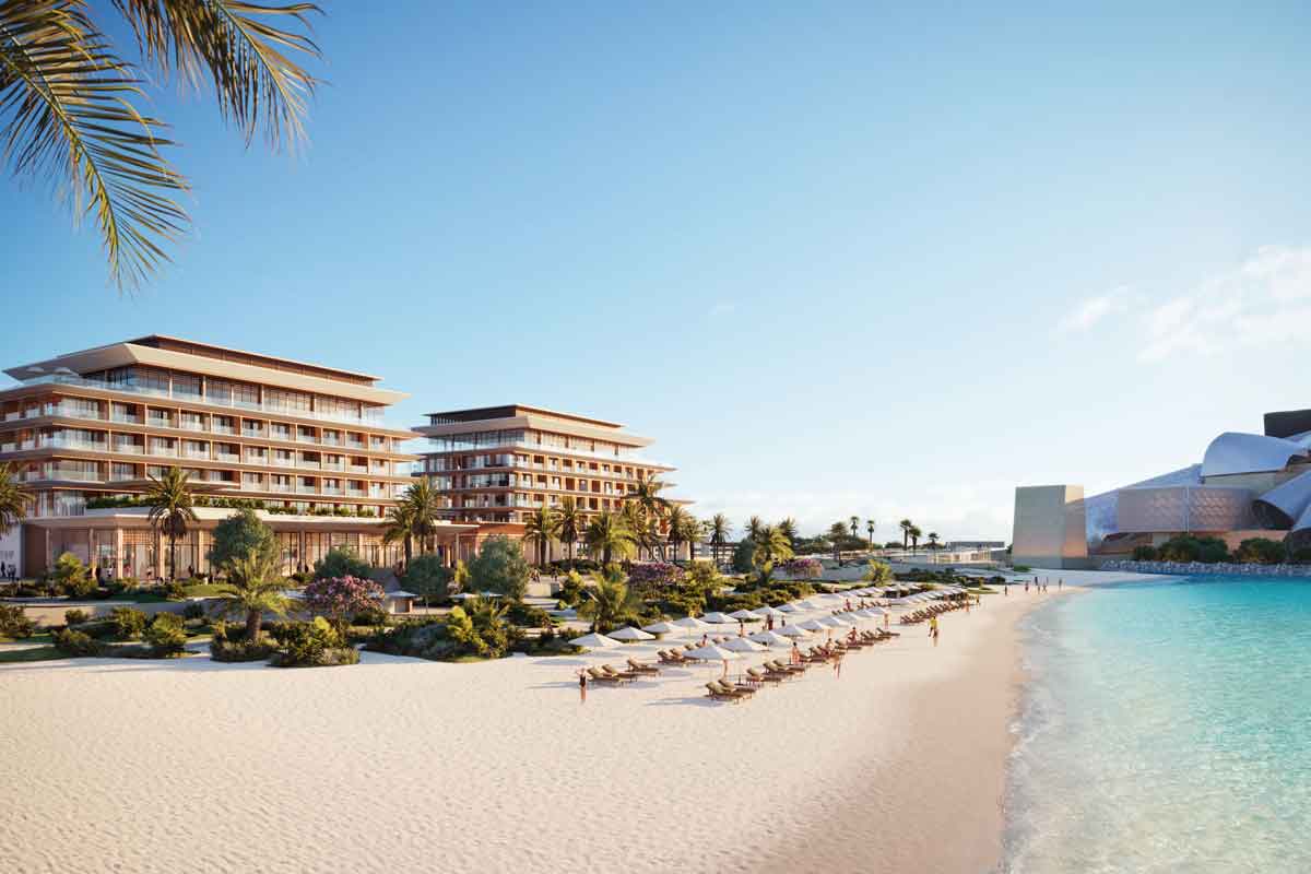 Side exterior perspective of Nobu Residences on Saadiyat Island, Abu Dhabi, highlighting wide private terraces overlooking the pristine beach.